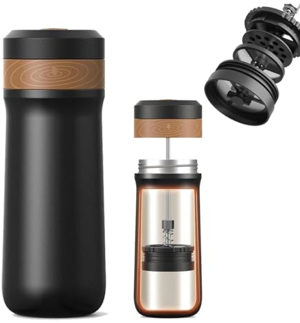 HKFENG Portable French Press Coffee Maker Stainless Steel Portable Espresso Maker Travel Coffee Maker Cold Brew Coffee Maker for Home Camping Travel Office (Black)
