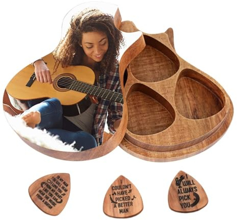 Personalisierte Gitarrenpickbox mit 3 hölzernen Plektren | Pick-Box mit 3 hölzernen Gitarren-Picks,für Gitarre Standard-Plektren,Ein Geschenk für Gitarrenliebhaber