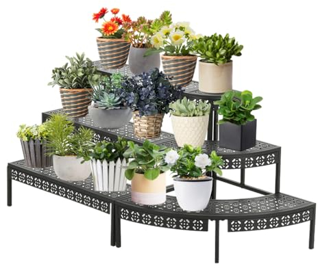 BAOYOUNI 3-Tier Metal Plant Stand Shelf Ladder Flower Pots Storage Organizer Holder Step Display Rack for Indoor, Outdoor, Balcony, Garden, Patio, Yard - Black (Rectangular+Quarter Round)