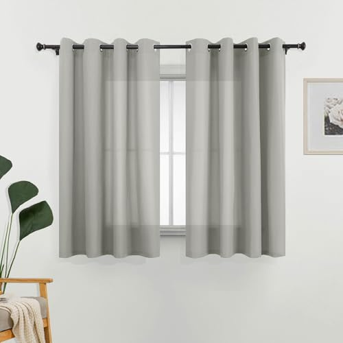 L.Z.E Gardinen Vorhänge Grau, Sichtschutz 70% Lichtdurchlässig Gardine Vorhang für Schlafzimmer Wohnzimmer Privatsphäre, Dünne Baumwolloptik Stores mit Ösen, 175 cm Kurz, Einfarbig Hellgrau
