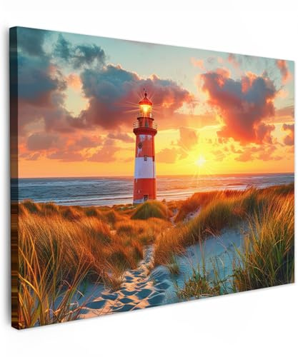 MuchoWow© Bilder Wohnzimmer Deko Modern Wandbild Foto auf Leinwand Bild | 70x50 cm - Schlafzimmer über Bett Room Decor Geschenke Leuchtturm - Sonnenuntergang - Dünen - Horizont