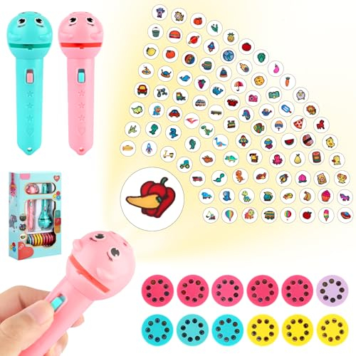 2 Piezas Linterna Proyector Infantil, Linternas Proyector para Niños, Proyector de Linterna Infantil con 96 Dibujos para Niños Mayores de 3 Años (Rosa, Azul)