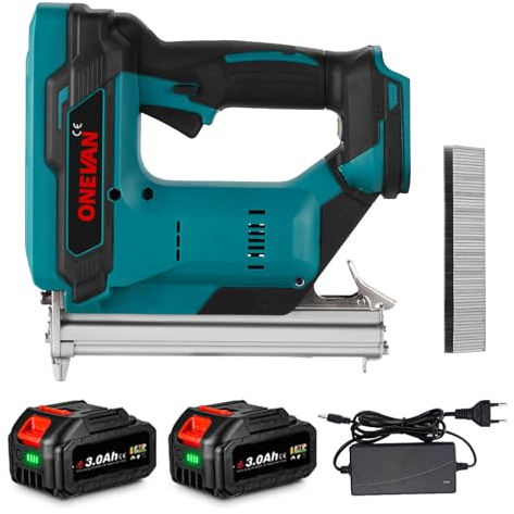 ONEVAN Akku Tacker Nagelpistole, Elektrotacker Akku Nagler mit 2 Akkus Tackerpistole für 4mm Nägel, inkl. 100 Nägel, für Polsterei, Textilien befestigen und Holzbearbeitung