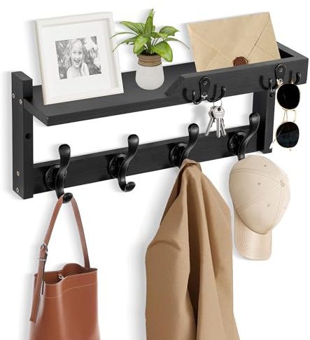 Garderobenleiste Wandhalterung mit Regal, Garderobenaufhänger Wandhalterung mit Schlüsselhaken und Briefhalter, Holz Eingangsbereich, Wandregal mit Haken und Aufbewahrung, Hutablage für Wand,