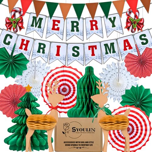 Syoulin-weihnachtsdeko innen，Christmas Decorations，weihnachtsdeko Tisch, Frohe Weihnachten Banner Girlande,Weihnachtspapierfächer/Weihnachtsbäume aus Papier, Glocken，3DWeihnachtshirschdekoration