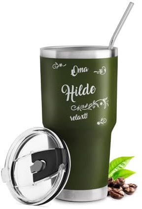 Maverton Edelstahl Kaffeebecher To Go mit Gravur 800 ml Grün - Thermobecher mit 2 Strohhalmen & Reinigungsbürste - Geschenke für Frauen - personalisiertes Geschenk für Oma