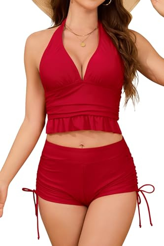SHEKINI Women's Two Piece Bikini Sets Deep V Halter Neck Swimsuit High Waisted Ruched Side Bikini Bottom Plus Size Swimwear Bathing Suit Red