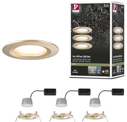 Paulmann 92407 LED Einbauleuchte 3-Step-Dim Nova Coin IP44 rund 74mm Coin 3x6W 3x470lm 230V dimmbar 2700K Gold matt