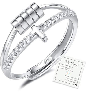 HEEYA Anxiety Ring für Damen Silber 925 Angstring mit 5A Zirkonia Offen Verstellbar Anti Stress Ring mit Perlen Spinner Fidget Ringe Frauen Hypoallergen Stimmungsring gegen Stress
