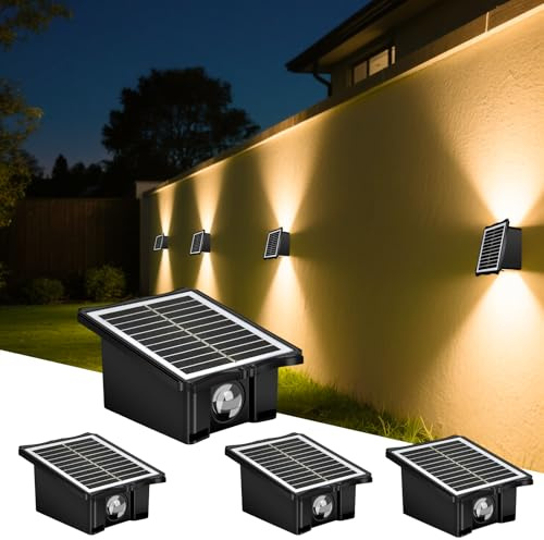 Lot de 4 lampes solaires pour clôture, jardin, appliques murales montantes et descentes avec marche/arrêt automatique, étanchéité IP65, lumière solaire blanche chaude pour allée, terrasse, terrasse