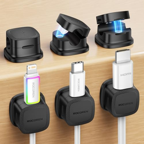 Rocoren Cable Holder Clips, 6 Pack Magnetic Desk Cable Cord Organiser, USB Charger Cable Tidy, Strong Adhesive Wire Management for Nightstand, Kitchen Appliances, Office Supplies - Black