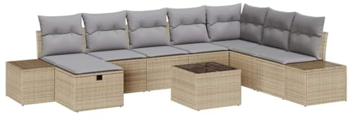 vidaXL Trädgårdsoffset med kudde 9 pcs Beige Poly rattan, Trädgård och terrass, modern, hållbar, modulär, lätt, UV-skyddad, rattan-soffa, utomhusmöbler set