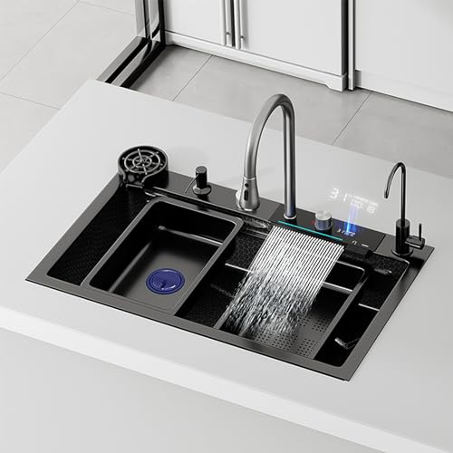 Wasserfall-Küchenspüle, schwarze Küchenspüle, LED-Temperaturanzeige, 304 tiefer Edelstahl, Nanobeschichtung, Schneidebrett – schön, langlebig und vielseitig(68 X 45 Cm)