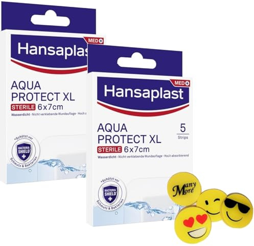 ▓ DOPPELPACK ▓ Hansa plast Aqua Protect XL - Pflaster, je 5 wasserdichte Wundpflaster in Größe 6 x 7 cm - Wundverband fürs Wasser - Baden, Duschen, Schwimmen +1 gratis ManyMore Radierer