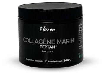 Collagène Marin poudre types 1,2 et 3 Collagène marin Peptan® F, acide hyaluronique, vitamines (C, B3, A, B7) et sélénium. Hydratation de la peau. Protège Os et Articulations. Pluzen- 240 g