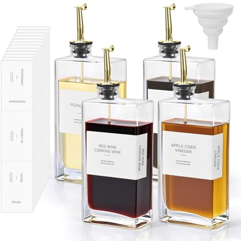 MumdoYAL 4 Pezzi 500ml Bottiglia per Olio, Vetro, con Imbuto ed Etichetta, Beccuccio d'Oro, Adatto a un'ampia Gamma di Condimenti Liquidi