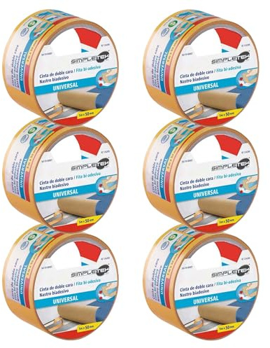 SIMPLETEK - 6X Nastro Biadesivo Universale 5m x 50mm | Per Ufficio, Casa, Fai da te | Adatto a moquette, foto, decorazioni, progetti creativi (6 pezzi)