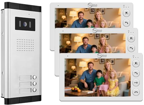 ANJIELO SMART 4-Wired Video Apartment Intercom System,2/3/4/5/6/8/10/12 Units 7 inch Monitor Video Door Phone Kit,Indoor Outdoor Video Doorbell,2 Way Audio,ID Card Unlock for Home (For 3 family)