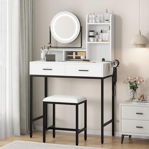 Tocador con iluminación y taburete, espejo giratorio de 360°, puertos USB, 2 cajones y 5 estantes abiertos - tocador iluminado para dormitorio, moderno con 3 ajustes de brillo, color blanco