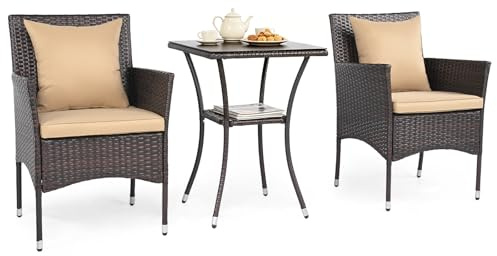 GIANTEX Juego de Muebles de Jardín 3 Piezas, 2 Sillones con Cojines y 1 Mesa con Tablero de Cristal, Conjunto de Muebles de Ratán para 2 Personas, Juego de Bistró para Balcón, Patio (Marrón+Marrón)