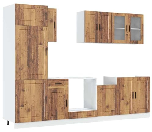WRJENFSC Juego de 8 muebles de cocina Kalmar con aspecto de madera envejecida, muebles de cocina modulares con mucho espacio de almacenamiento, incluye armario para fregadero y horno