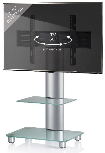 VCM TV-Standfuß LED Halterung Ständer Fernseh Standfuss Alu Glas Universal Silber VESA Mobil Rollen Tosal Zwischenboden
