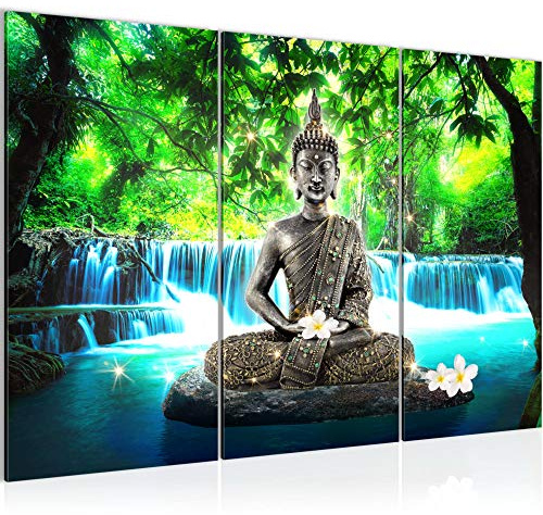 Runa Art Wandbilder Buddha Wasserfall Bild XXL Wohnzimmer Schlafzimmer Blau Grün Natur 120 x 80 cm 3 Teilig 503531b