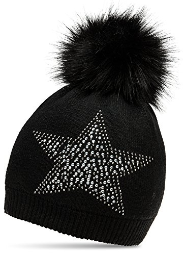 Caspar MU159 Damen Fein Strick Winter Mütze mit Fellbommel und Glitzer Strass Stern