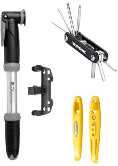 Topeak Essentials Fahrrad-Zubehör-Set – Mini-Doppelpumpe (120 PSI), 11 Funktionen X-Tool+, Shuttle Lever 1.1 Reifenheber – Kompaktes Fahrrad-Reparaturset für Straßen-, MTB- und Pendlerradfahrer