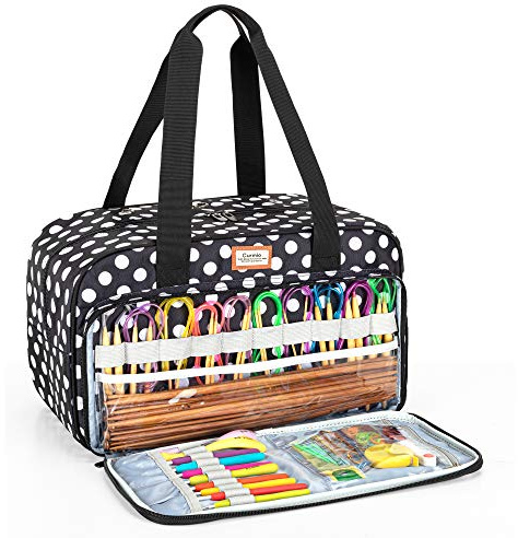 CURMIO Wolle Aufbewahrungstasche, Stricktasche für Garn, Weiß Punkt | Mehrere Gummibänder & Fächer, Ösenlöcher Oben, Schulterriemen, für Stricken Projekten/ Häkelnadel/ Stricknadeln, Ohne Zubehör