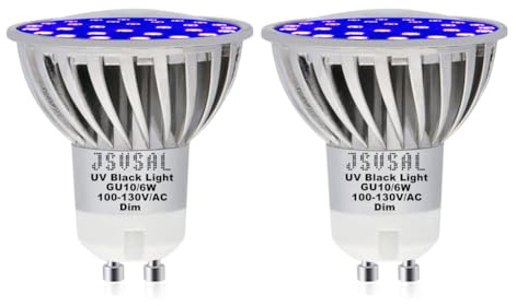 JSVSAL LED Black Lights Bulb 6W Blacklight MR16 GU10 Base,Dimmable AC 100-130V, UVA Level 395-400nm, Glow in The Dark for Blacklights Party, Body Paint, Fluorescent Poster,2-Pack