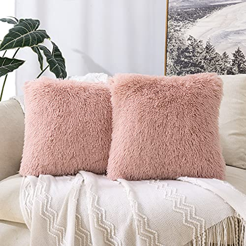MIULEE Noël Lot de 2 Housse de Coussin en Polyester avec des Poils Fourrure Carré Moderne Confortable Doux Taie d'oreiller Décoration pour Salon Chambre Canapé 45x45CM Rose Foncé