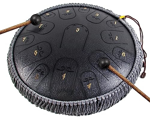 Zungentrommel,Horse 14 Zoll 15 Töne Steel Drum Stahlzungentrommel Steel Tongue Drum Tank Drum C Key Percussion Kit mit Drum Mallets Note Sticker Finger Picks Mallet Halterung und Tragetasche Schwarz