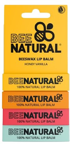 Bee Natural 100% natürlicher feuchtigkeitsspendender Lippenbalsam – (Honig Vanille, Mango, Erdbeere, Pfefferminz), 4 Stück, mehrfarbige Geschmacksrichtungen können variieren