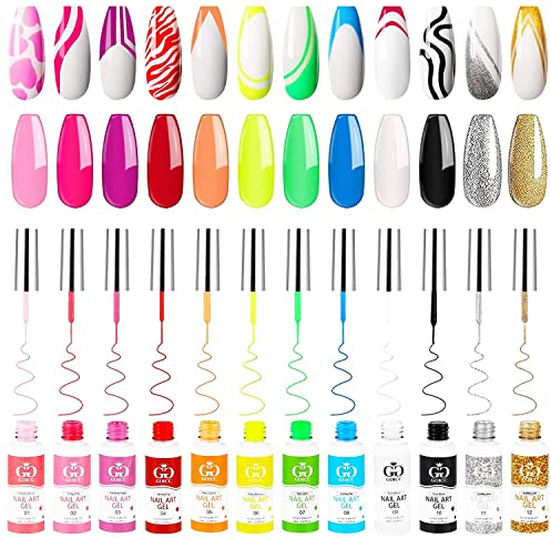 Gel Liner Nail Polish Pen 12 Farben Nagellack, Nageldesign, Farbgel für Gelnägel Eingebauter Dünner Nail Art Pinsel UV Gel Starterset Malerei Gelpolitur Set For Drawing Lines