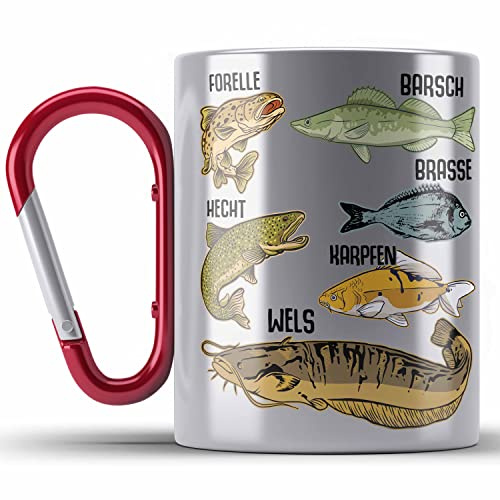 Trendation - Angler Fischer Edelstahl Tasse Karabiner mit Fischarten Geschenk Raubfische Hobbyangler Hecht Forelle Barsch Angeln (Rot)