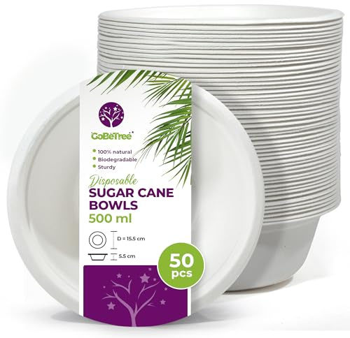 GoBeTree 50 Einweg Schalen Zuckerrohr 500 ml. Schalen für Salat, Poke und Suppe, Mikrowellen- und Gefriergeeignet, Fettbeständig