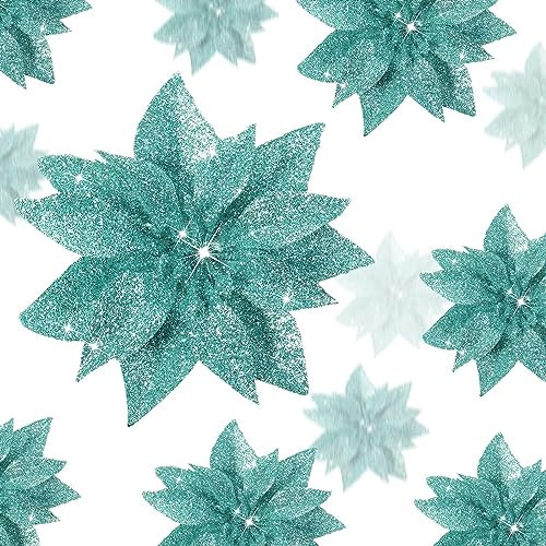24 Pièces 3 Taille Décorations de Poinsettia de Noël Fleur de Sapin de Noël Fleur de Magnolia Ornement Fleur de Poinsettia Artificielle Scintillante de Noël avec Clip pour Fête (Bleu Vert)