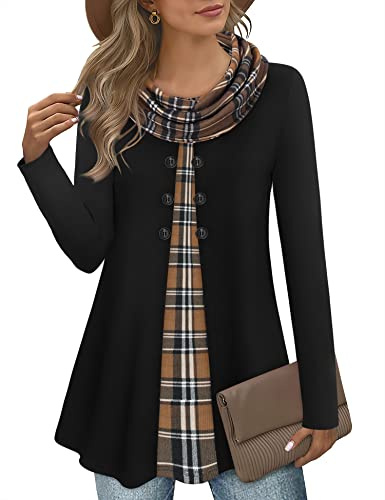Gaharu Tunique à manches longues élégante pour femme, Schwarz-braun Kariert, M