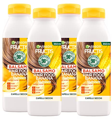 Garnier Fructis Hair Food Banane Pflegespülung für trockenes Haar Entwirrende und vegane Formel mit Inhaltsstoffen 98% natürlichen Ursprungs - 4 Flaschen à 350 ml