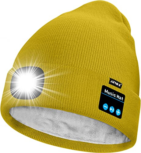 ATNKE Unisex LED Bluetooth Mütze mit Licht,Wiederaufladbare USB 4 LED Musik Redner Laufmütze Lampe Winter Warme Gefüttertes Fleece Stricken Mütze für Herren und Damen Geschenke
