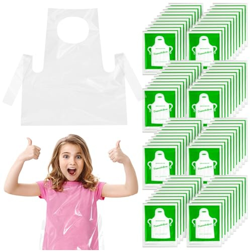 ZAUGONTW 100 Pcs Disposable Aprons for Kids - Clear Plastic Aprons Kids Art Disposable Waterproof Smocks for Painting, Cooking 4-12