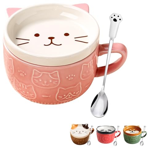 Cadeaux pour femme et elle mignonne tasse à café chat rose kawaii avec couvercles, cadeaux de Noël d'anniversaire pour filles, amis, enfants, hommes, épouse, maman, grand-mère, enseignante, tasse à