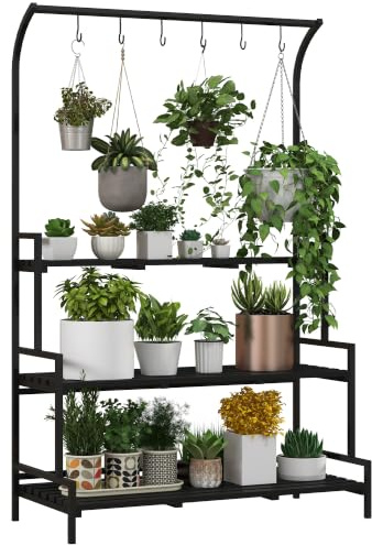 Outsunny Tall Plant Stand with Hanging Hooks, 3 Tiered Plant Ladder Shelf | for indoor, outdoor, porch, balcony, living room, bedroom, black