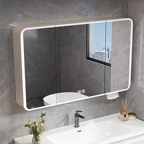 Badezimmer-Spiegelschrank mit 3 Tür, Badezimmerschrank, mit LED-Lichtern, Wandmontage, Aufbewahrungsschrank mit Einlegeboden, für Duschraum (Color : Milk Tea Color)