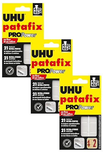 UHU Patafix Propower - pastilles adhésives prédécoupées, pâte à fixer, ultra-fortes (jusqu'à 3 kg), repositionnables, noir, 21 pastilles (Lot de 3)