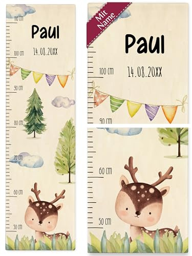 Messlatte Kind Holz - Kindermesslatte niedliches Reh Kindermotiv süßes Rehmotiv mit Namen und Datum I - 50-110 cm - Holz - kinder personalisierte tier für tiere baby mädchen
