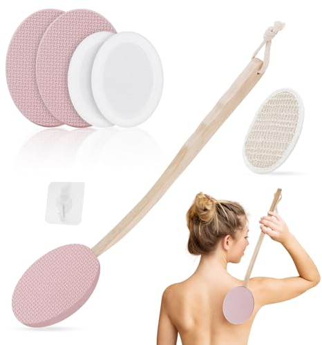 LOPHE Eincremehilfe für Rücken, 7-teiliges Set Rückeneincremhilfe mit Langem Stiel und 4 Austauschbaren Pads, Rückencremer Applikator Rückenbürste, Duschbad Körperwaschbürste Rückenpflege（Rosa）