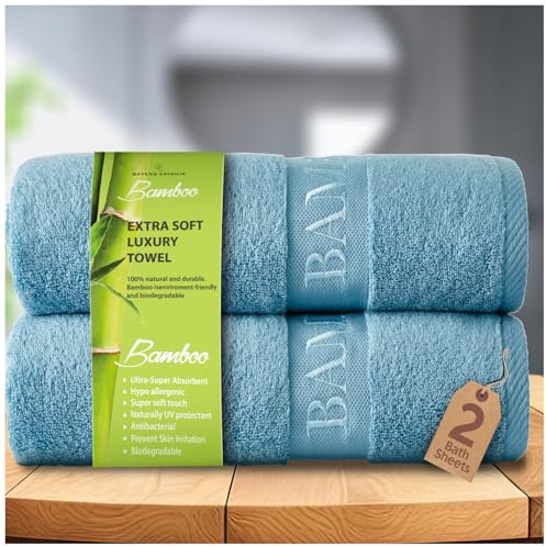 GC GAVENO CAVAILIA 550 GSM Bamboo Giant Bath Sheet | 2 PK Big Towels For Adults | Super Soft Ultra Absorbent 60% Bamboo 40% Cotton Bath Towels | Blue 80x140 Cm
