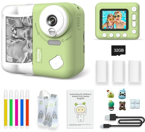 Andoer Appareil photo instantané pour enfant, 1080p 2,4 Appareil photo à impression instantanée pour enfants avec papier d'impression thermique, stylos de couleur, sangle pour le cou, garçons et
